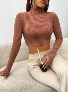 SHEIN EZwear High Neck Crop Tee - Brown - View 1