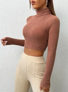 SHEIN EZwear High Neck Crop Tee - Brown - View 5