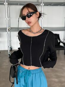 DAZY Top-stitching Ribbed Knit Crop Tee - Black - View 1