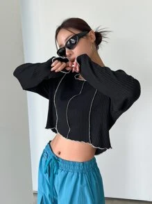 DAZY Top-stitching Ribbed Knit Crop Tee - Black - View 3