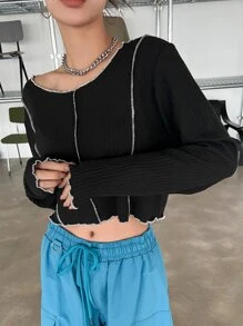 DAZY Top-stitching Ribbed Knit Crop Tee - Black - View 6