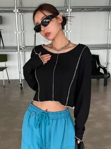 DAZY Top-stitching Ribbed Knit Crop Tee - Black - View 7