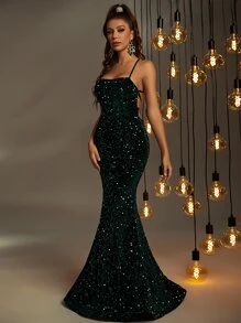 Faeriesty Elegant Lace Up Backless Sequin Prom Dress