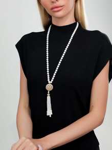 水鑽裝飾圓形和珍珠流蘇吊墜項鍊 - 金黃色 - 查看 1