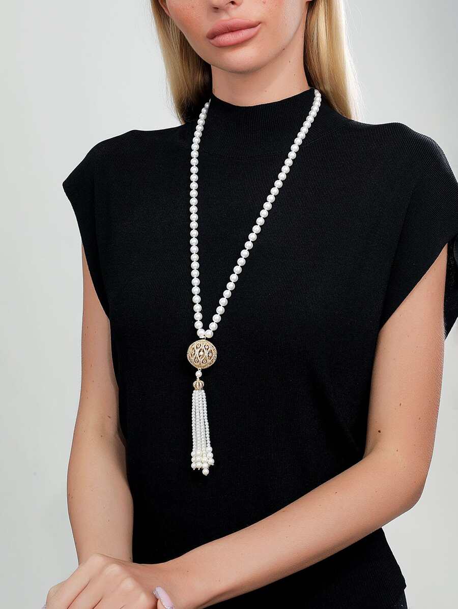 水鑽裝飾圓形和珍珠流蘇吊墜項鍊 - 金黃色 - 查看 1