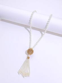 水鑽裝飾圓形和珍珠流蘇吊墜項鍊 - 金黃色 - 查看 2