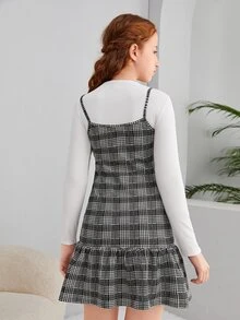 SHEIN Teen Girls Plaid Ruffle Hem Cami Dress & Tee - Black and White - View 2