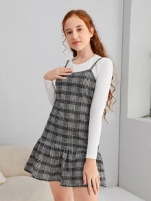 SHEIN Teen Girls Plaid Ruffle Hem Cami Dress & Tee - Black and White - View 3