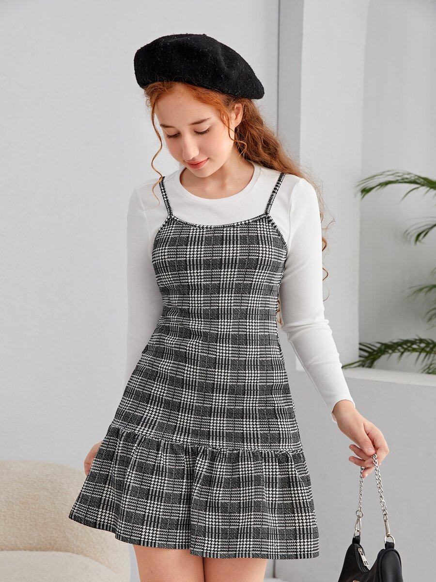 SHEIN Teen Girls Plaid Ruffle Hem Cami Dress & Tee - Black and White - View 1