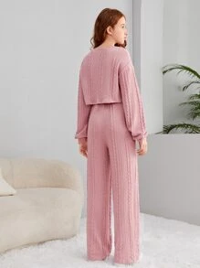 SHEIN Teen Girls Drop Shoulder Cable Knit Crop Top & Trousers - Dusty Pink - View 3