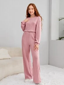 SHEIN Teen Girls Drop Shoulder Cable Knit Crop Top & Trousers - Dusty Pink - View 4
