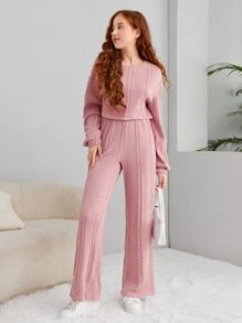 SHEIN Teen Girls Drop Shoulder Cable Knit Crop Top & Trousers - Dusty Pink - View 5