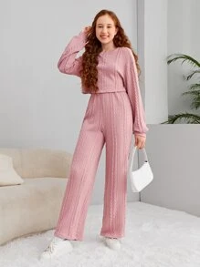 SHEIN Teen Girls Drop Shoulder Cable Knit Crop Top & Trousers - Dusty Pink - View 1