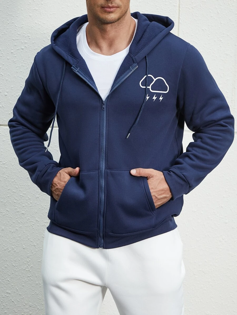 Manfinity Men Plus Cloud Print Zip Up Drawstring Thermal Lined Hoodie - Navy Blue - View 1