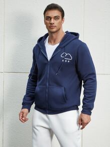 Manfinity Men Plus Cloud Print Zip Up Drawstring Thermal Lined Hoodie - Navy Blue - View 3