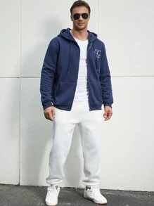 Manfinity Men Plus Cloud Print Zip Up Drawstring Thermal Lined Hoodie - Navy Blue - View 4