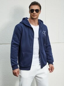 Manfinity Men Plus Cloud Print Zip Up Drawstring Thermal Lined Hoodie - Navy Blue - View 5