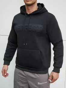 Manfinity Homme Hombres Capucha con patrón de letra con bolsillo de canguro con cordón - Negro - Ver 1