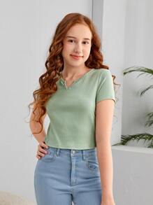 SHEIN 青少年女孩缺口領條紋針織T恤 - 薄荷綠 - 查看 4