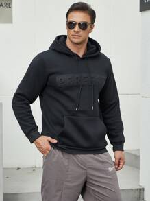 Manfinity Homme Hombres Capucha con patrón de letra con bolsillo de canguro con cordón - Negro - Ver 3