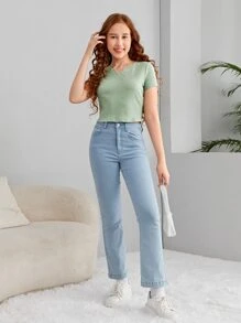 SHEIN 青少年女孩缺口領條紋針織T恤 - 薄荷綠 - 查看 5