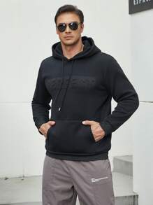 Manfinity Homme Hombres Capucha con patrón de letra con bolsillo de canguro con cordón - Negro - Ver 4