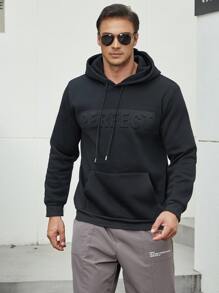 Manfinity Homme Hombres Capucha con patrón de letra con bolsillo de canguro con cordón - Negro - Ver 5