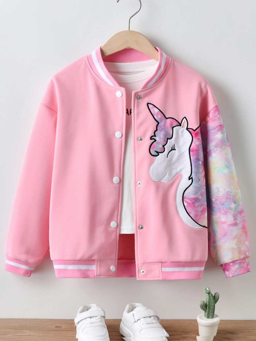 Chicas Cazadora de universidad con estampado de unicornio de hombros caídos sin camiseta - Rosa - Ver 1