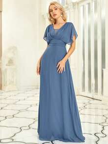 EVERPRETTY Elegant Batwing Sleeve Mesh Patchwork Ball Gown, Light Blue Bridesmaid Dress - Dusty Blue - View 4