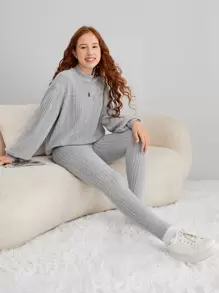 SHEIN Teen Girls Mock Neck Drop Shoulder Tee & Leggings - Light Grey - View 1