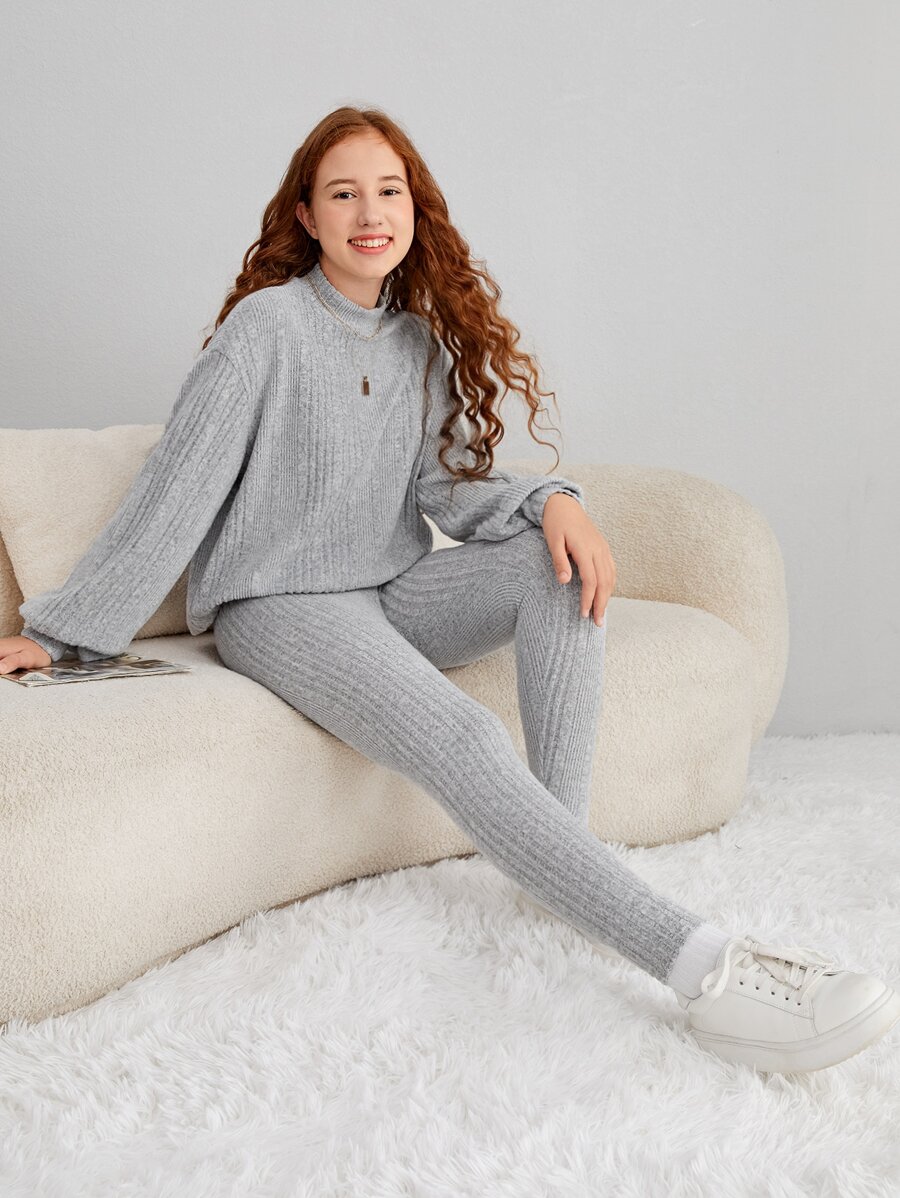 SHEIN Teen Girls Mock Neck Drop Shoulder Tee & Leggings - Light Grey - View 1