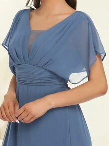 EVERPRETTY Elegant Batwing Sleeve Mesh Patchwork Ball Gown, Light Blue Bridesmaid Dress - Dusty Blue - View 6