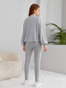 SHEIN Teen Girls Mock Neck Drop Shoulder Tee & Leggings - Light Grey - View 2