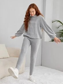 SHEIN Teen Girls Mock Neck Drop Shoulder Tee & Leggings - Light Grey - View 3