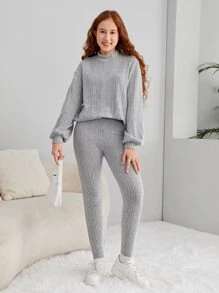 SHEIN Teen Girls Mock Neck Drop Shoulder Tee & Leggings - Light Grey - View 4