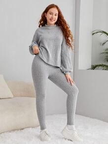 SHEIN Teen Girls Mock Neck Drop Shoulder Tee & Leggings - Light Grey - View 5