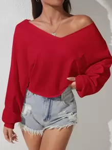 SHEIN PETITE 素色落肩袖運動衫 - 紅色 - 查看 1