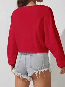 SHEIN PETITE 素色落肩袖運動衫 - 紅色 - 查看 2