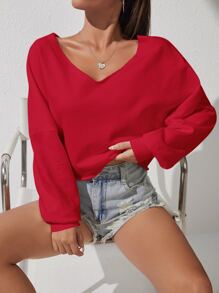 SHEIN PETITE 素色落肩袖運動衫 - 紅色 - 查看 5