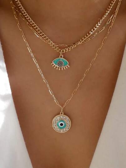 水鑽裝飾眼睛墜飾多層次項鍊