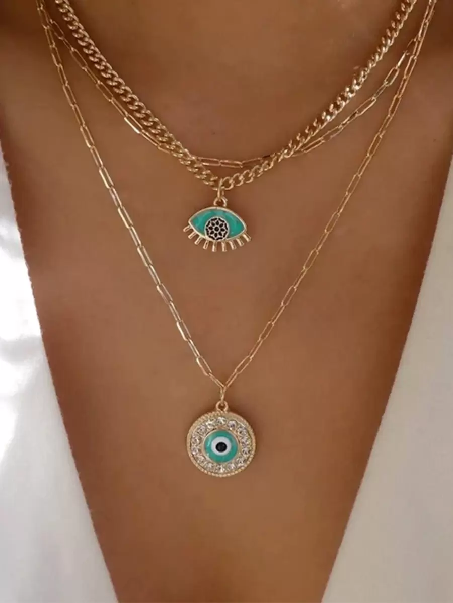 水鑽裝飾眼睛墜飾多層次項鍊