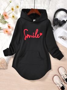 Tween Girl Letter Graphic Kangaroo Pocket Hoodie - Black - View 1