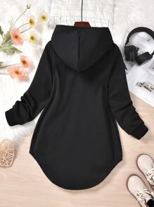 Tween Girl Letter Graphic Kangaroo Pocket Hoodie - Black - View 2