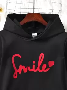 Tween Girl Letter Graphic Kangaroo Pocket Hoodie - Black - View 3