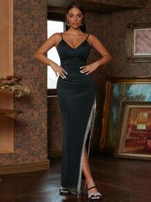 Missord Split Thigh Fringe Trim Cami Dress - Black - View 1
