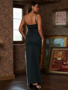 Missord Split Thigh Fringe Trim Cami Dress - Black - View 2