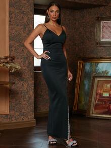 Missord Split Thigh Fringe Trim Cami Dress - Black - View 4
