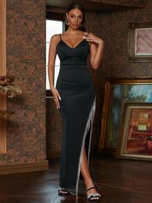 Missord Split Thigh Fringe Trim Cami Dress - Black - View 5