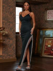 Missord Split Thigh Fringe Trim Cami Dress - Black - View 7