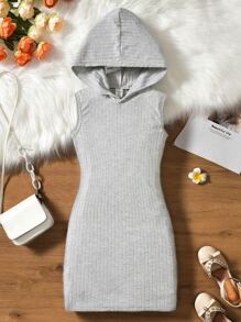 SHEIN Đầm Gái Gân đan màu trơn Giải trí - Xám - Xem 1